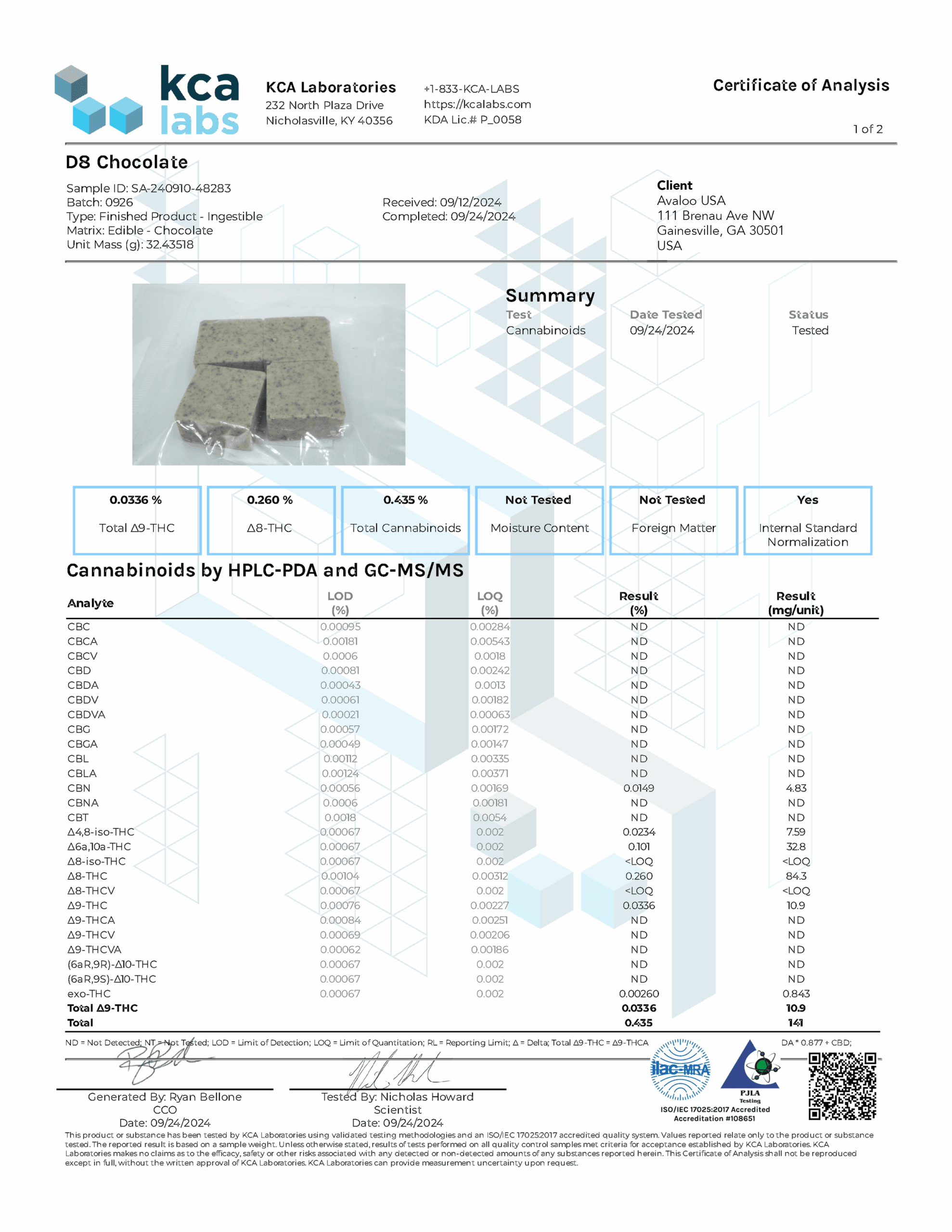 Delta 8 Chocolate Squares - Dark from Avaloo d8 chocolate squares coa 2024